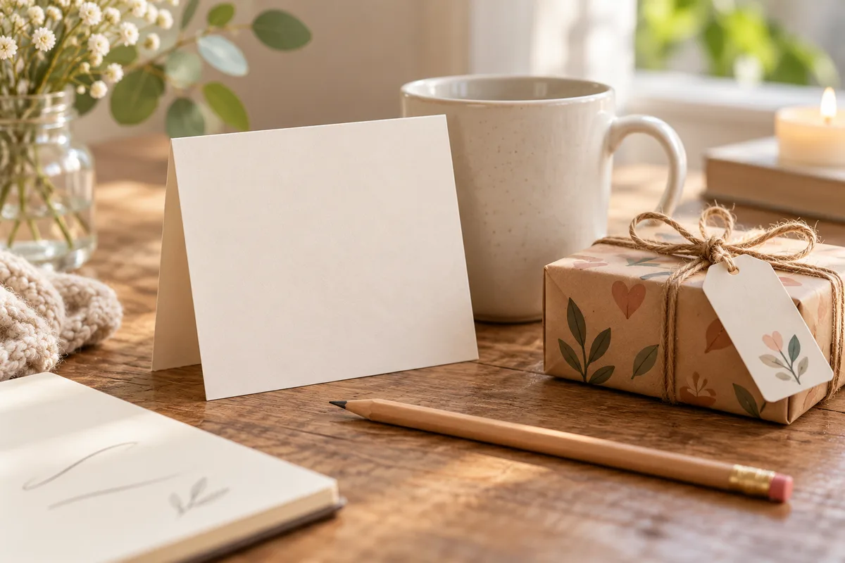 A blank card propped against a mug and a small wrapped box