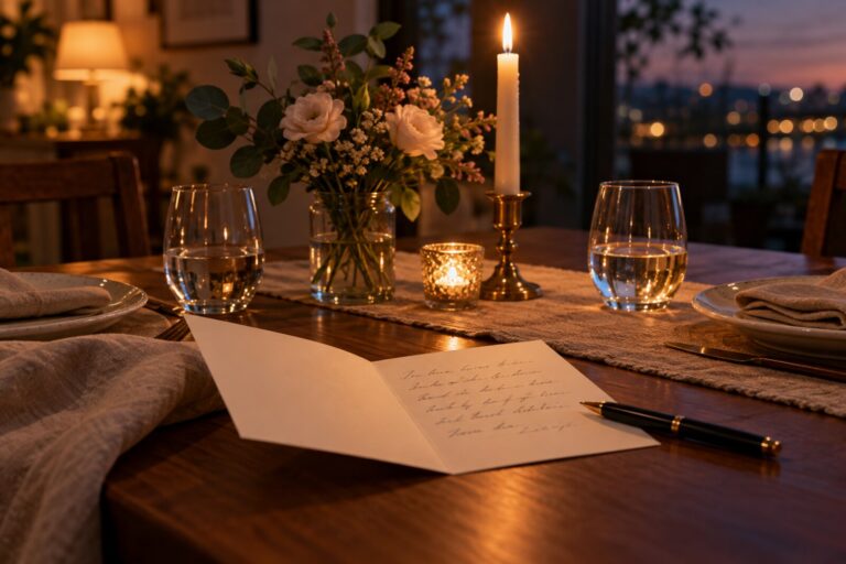 An anniversary card with a pen, a candle and two glasses on a dining table.