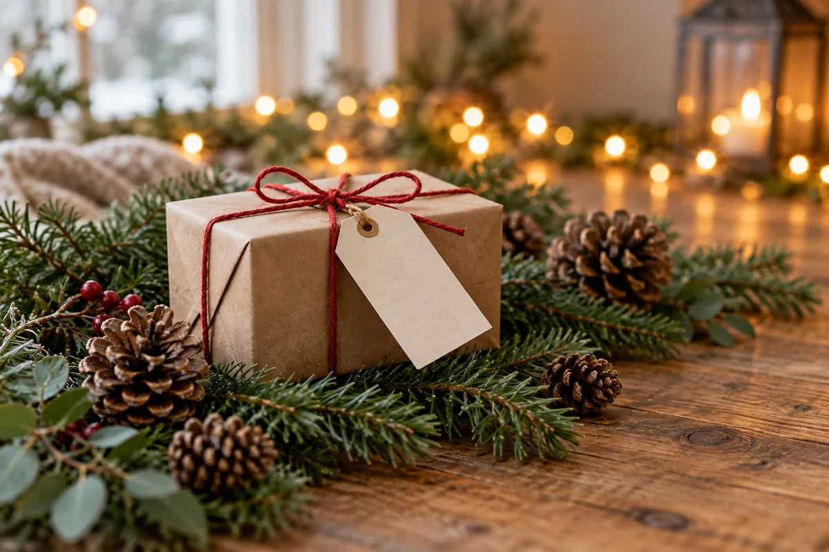 A small kraft gift box with a blank tag and red string on evergreen sprigs and pinecones.