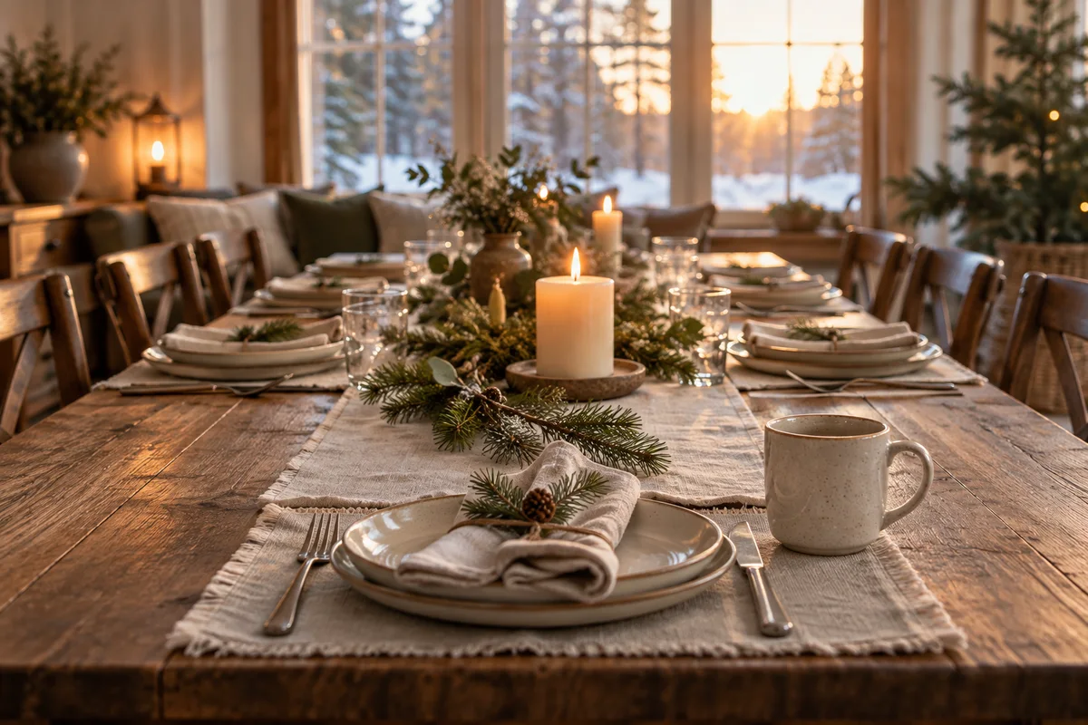 A holiday table with place settings, a candle and a mug at the head of the table.