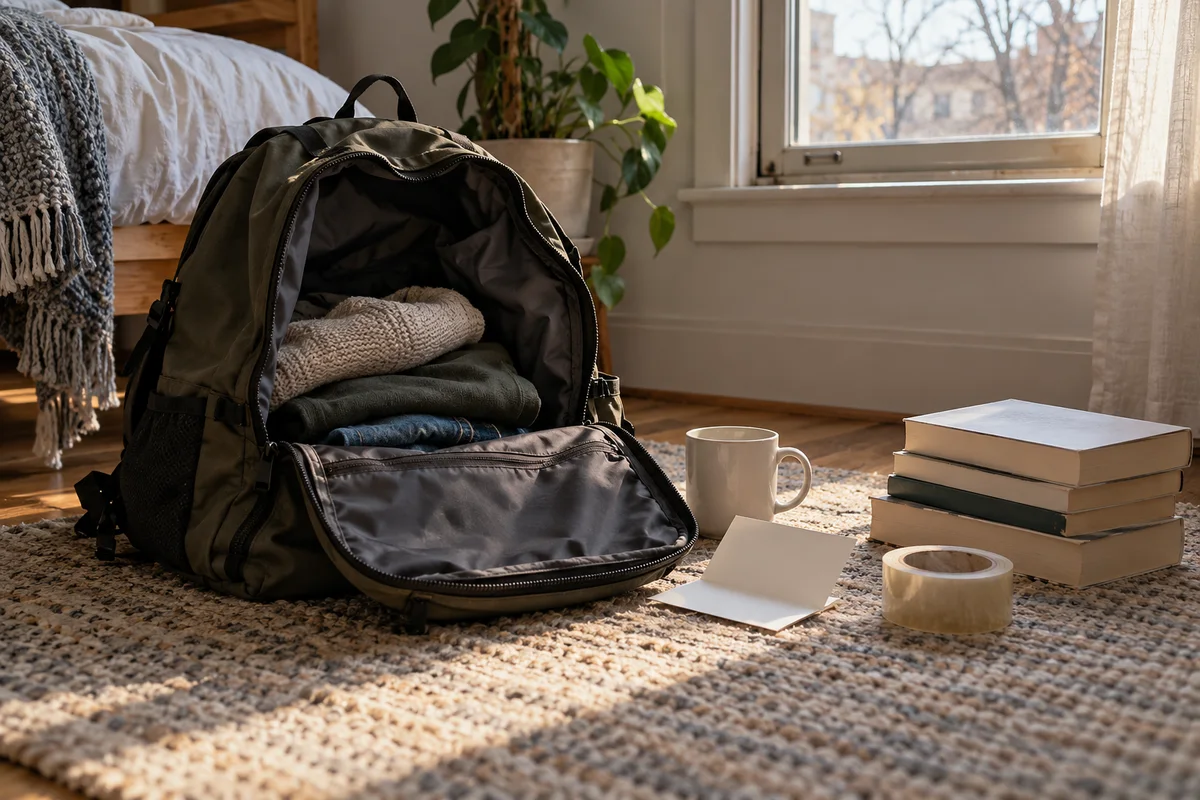 A backpack, a mug and a folded blank card on a bedroom floor surrounded by packing tape.
