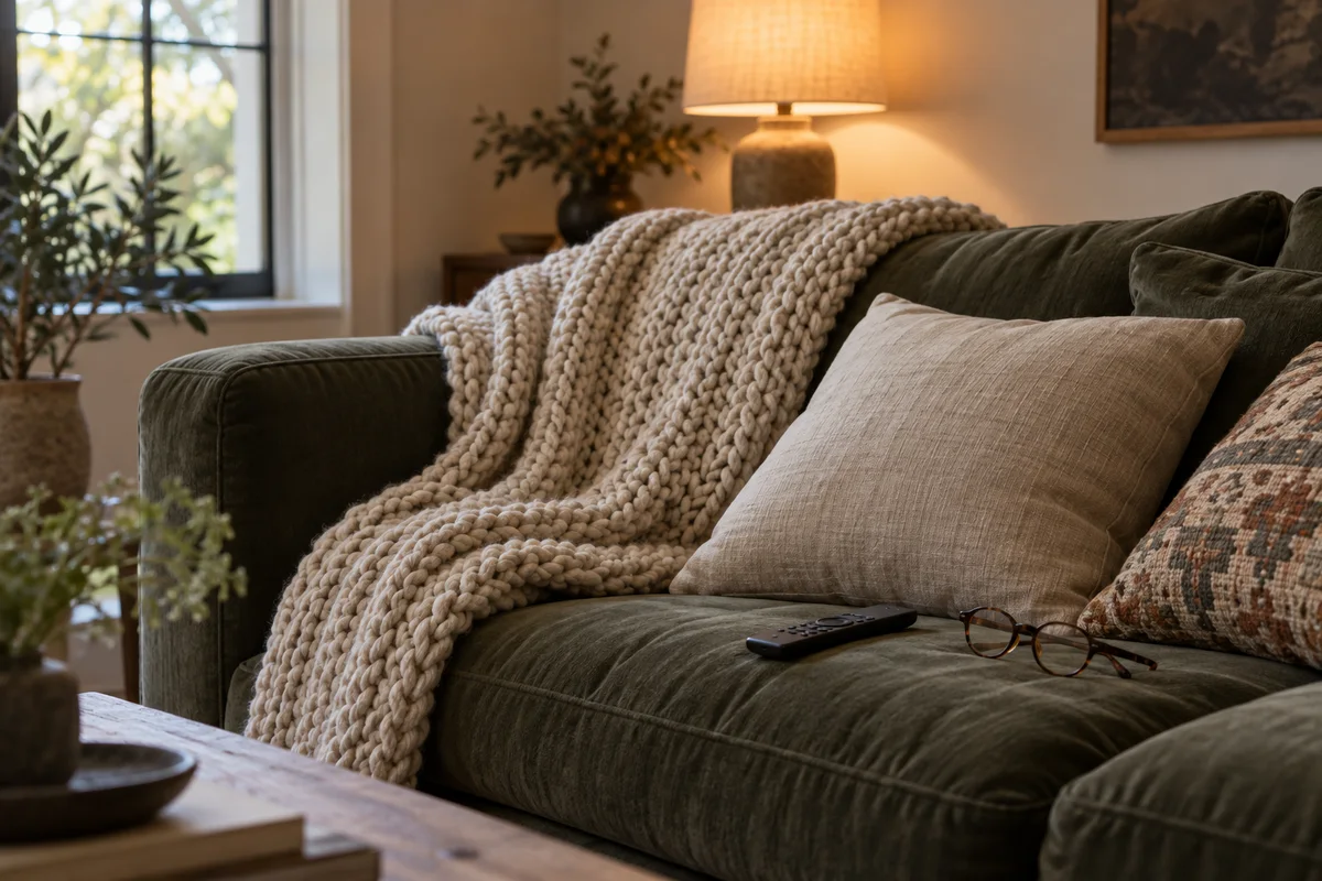 A chunky knit throw folded on a sofa cushion beside a pair of reading glasses and a television remote.