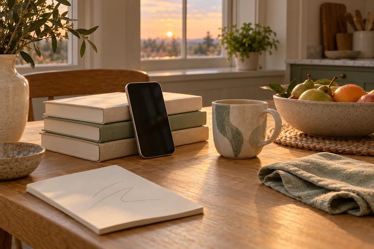 A phone propped on a stack of books beside a mug and a bowl of fruit on a kitchen table.