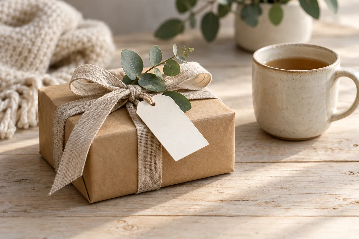 A small wrapped gift with greenery and a blank gift tag beside a mug