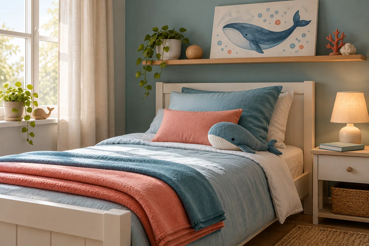 A fleece blanket and a canvas print arranged on a child's bed beside a small lamp.