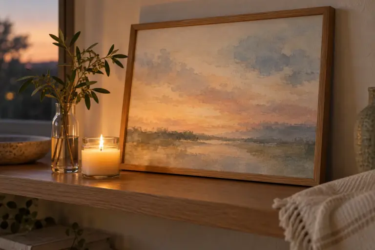 A softly lit memorial canvas leaning on a shelf beside a candle and a small green plant.