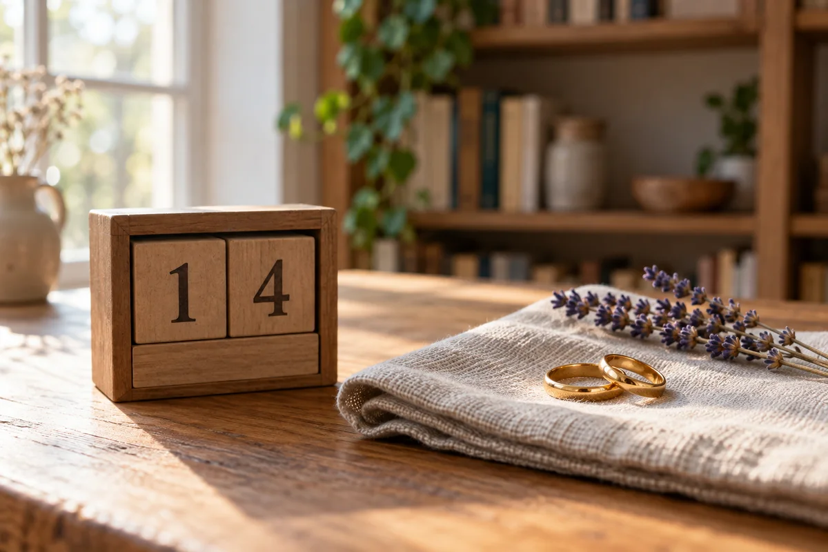 A small calendar block and a pair of simple rings on a cloth.