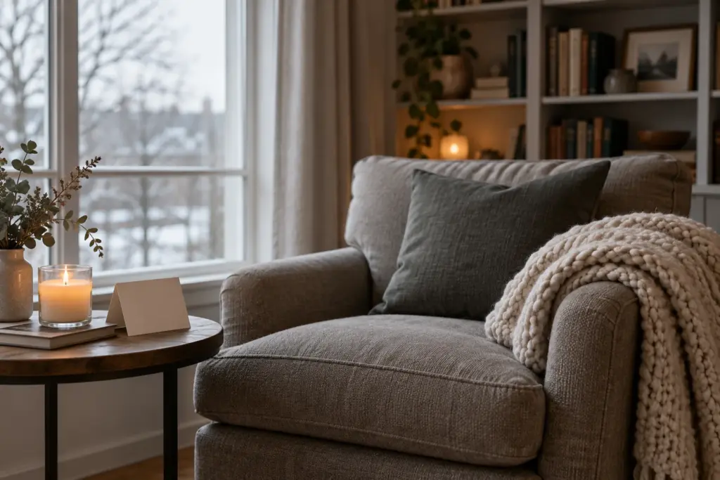 A folded knit throw, a candle and a small card on an armchair by a window.