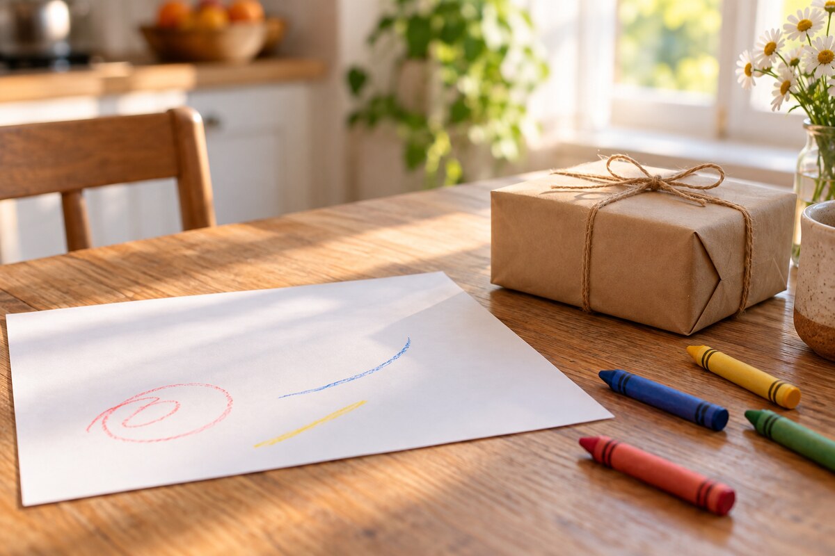 A child's drawing and a small wrapped gift on a kitchen table