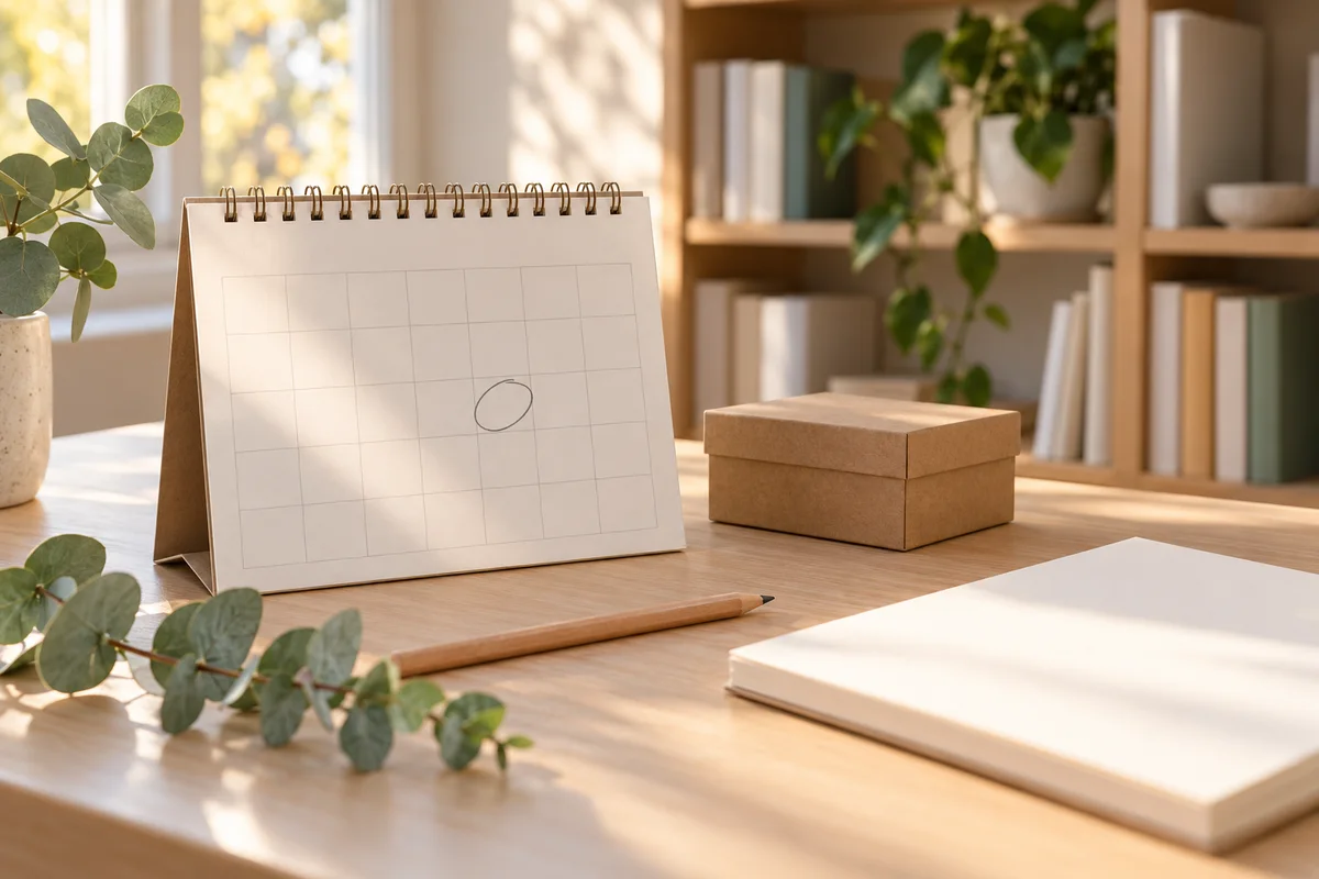 A paper calendar with a circled date next to a small box and a pen on a desk.