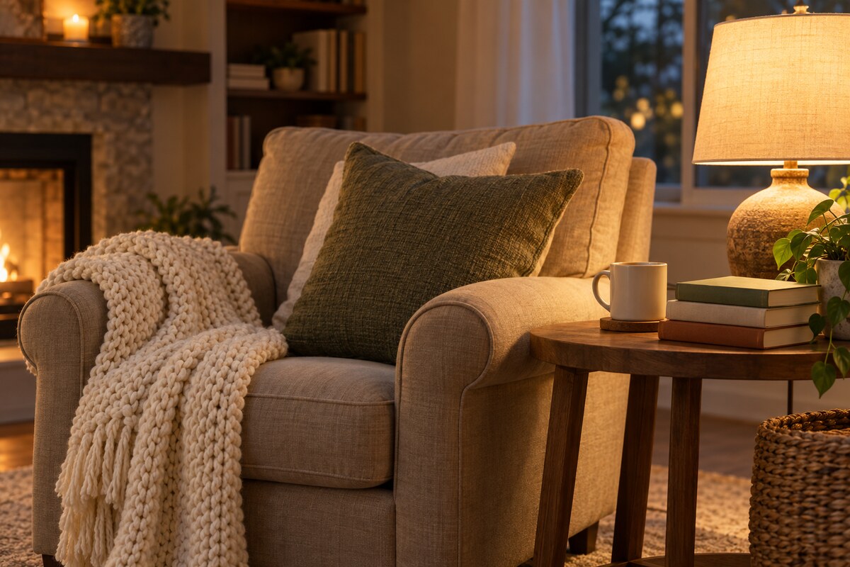 A cream knit throw folded over an armchair beside a lamp and a mug