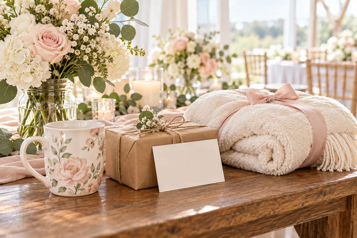A mug, a folded throw and a small parcel arranged on a wedding gift table.