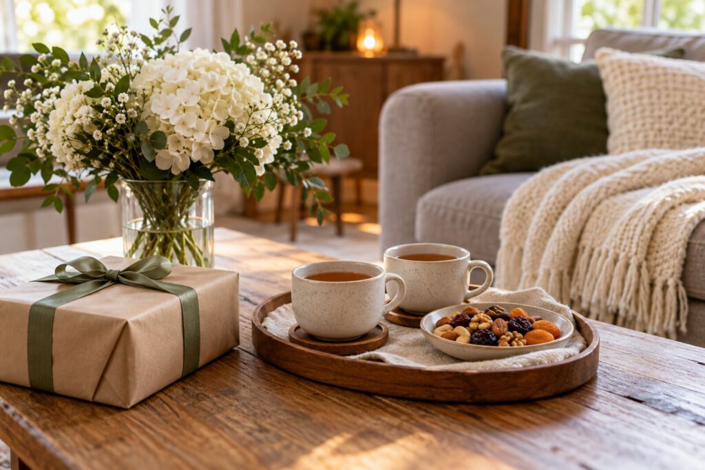 A gift box, two cups of tea and a plate of dates on a warmly lit table with a folded blanket.
