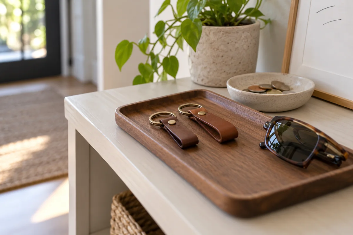 Two small keychains side by side on a tray next to a pair of sunglasses.