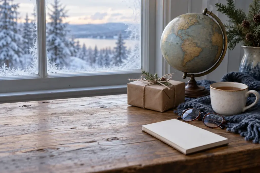 A plain wrapped gift beside a world globe and a cup of tea on a table.