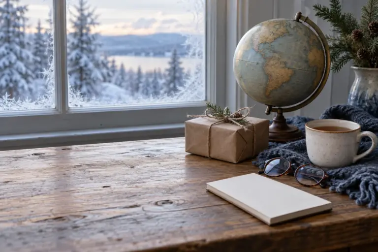 A plain wrapped gift beside a world globe and a cup of tea on a table.