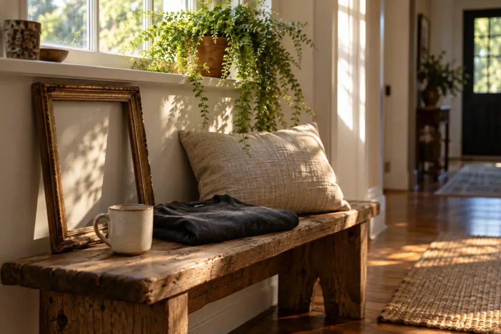 A mug, a folded tee and a pillow arranged on a bench beside an old family photo frame.