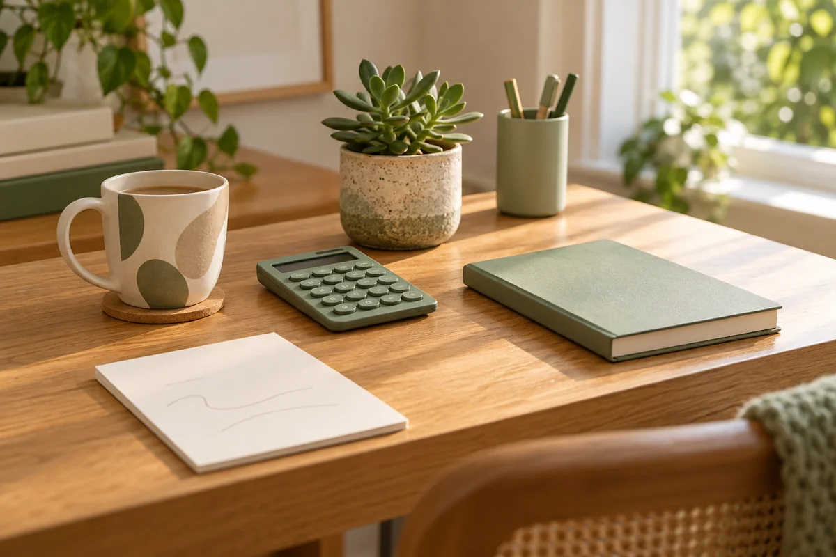 A mug on a desk beside a pen cup, a closed notebook and a small plant.