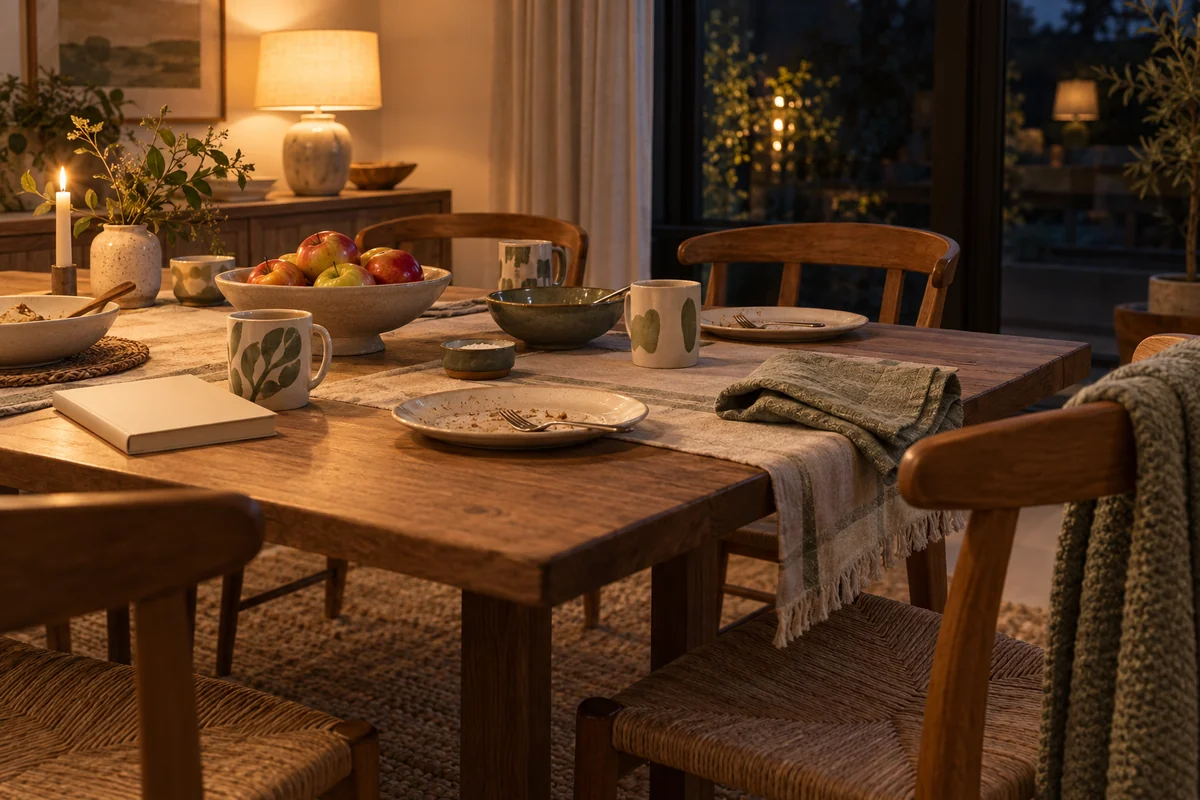 A family dining table after a meal with a few mugs and a bowl of fruit in warm lamplight.