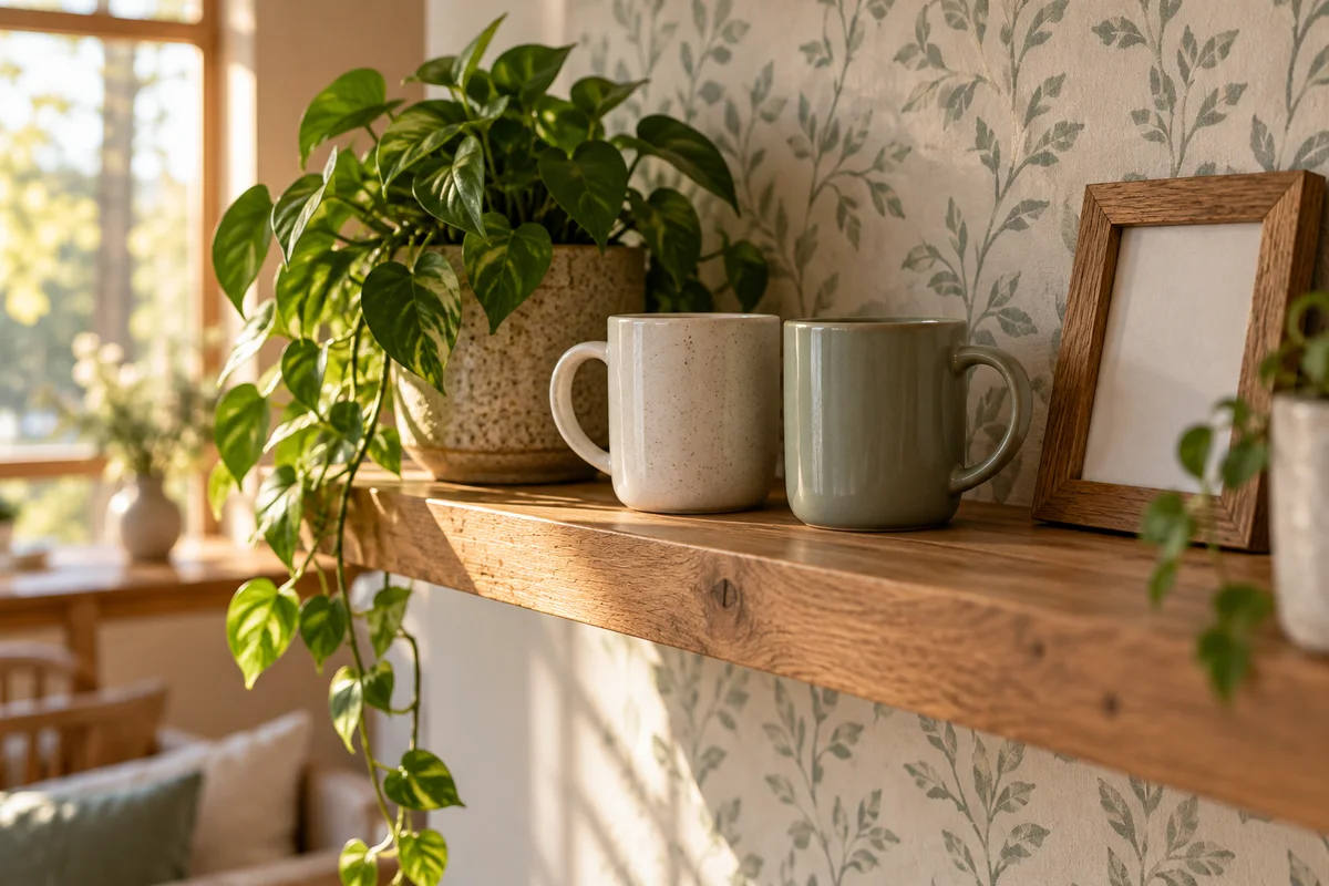 Two mugs and a small framed photo on a shelf next to a plant.