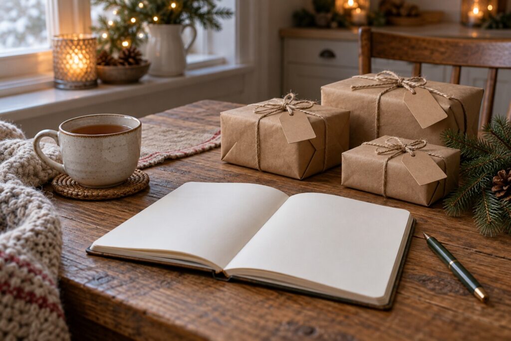 A blank notebook and a pen beside a few small wrapped parcels on a kitchen table.