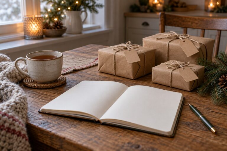 A blank notebook and a pen beside a few small wrapped parcels on a kitchen table.