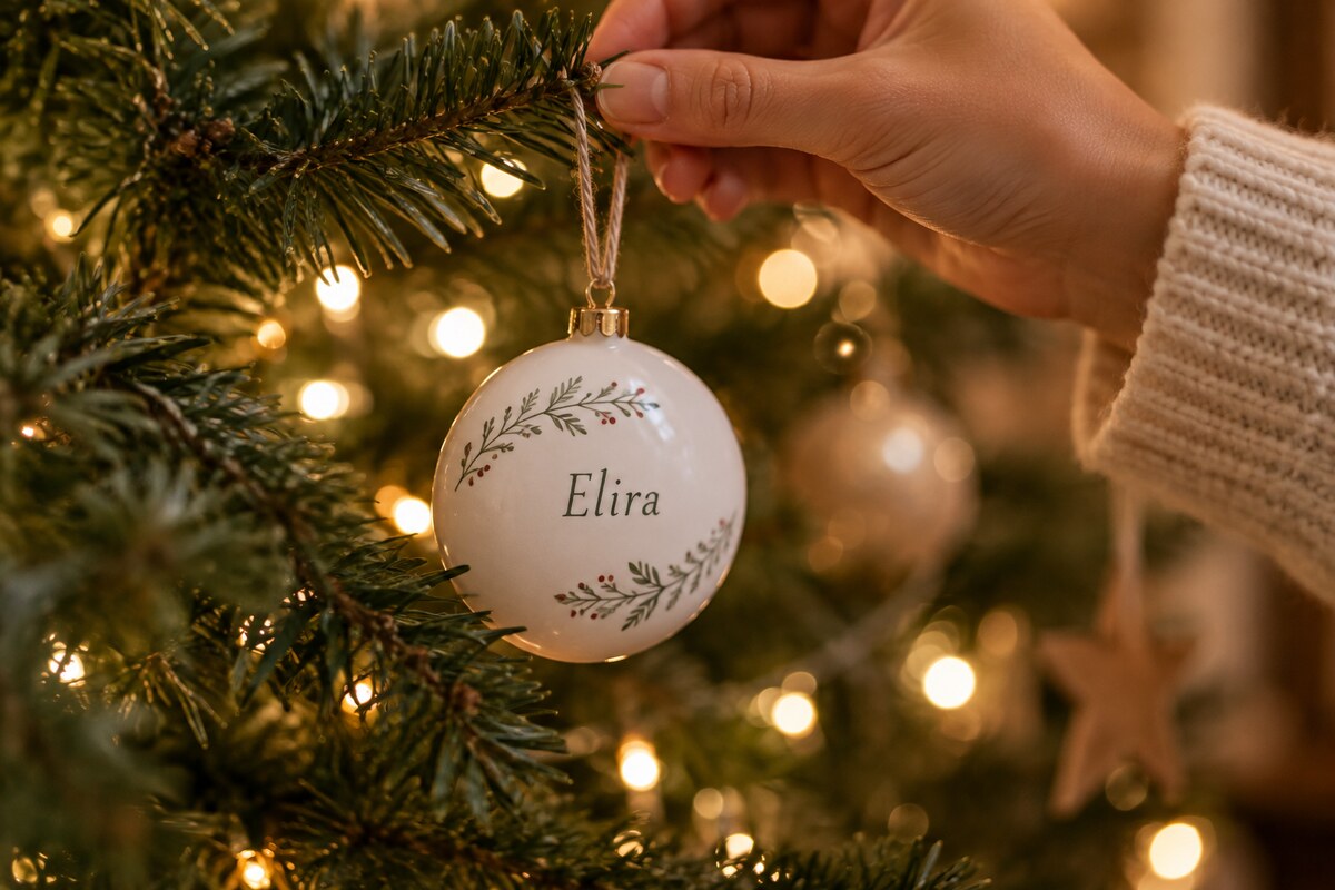 A hand placing a white round ornament with a short name on a tree branch