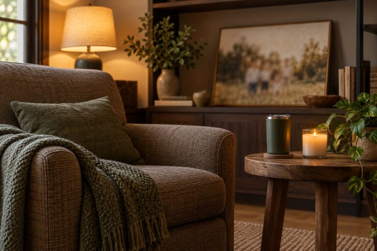 A matte tumbler, a framed family print and a candle on a tidy shelf beside a chair.