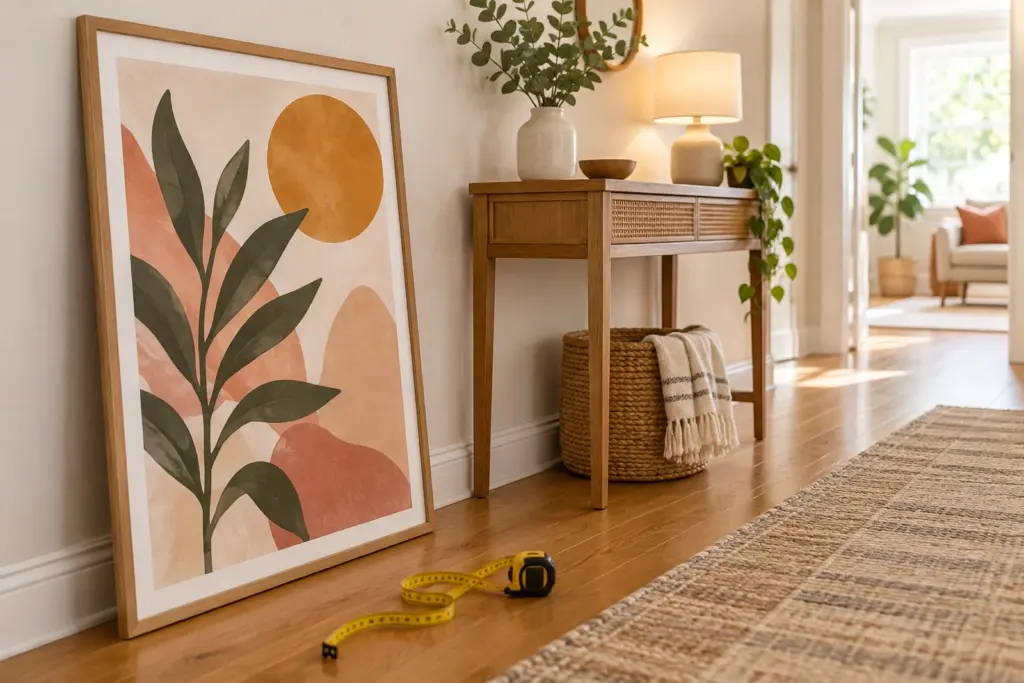 A bright hallway wall with a framed print leaning against it and a measuring tape on the floor