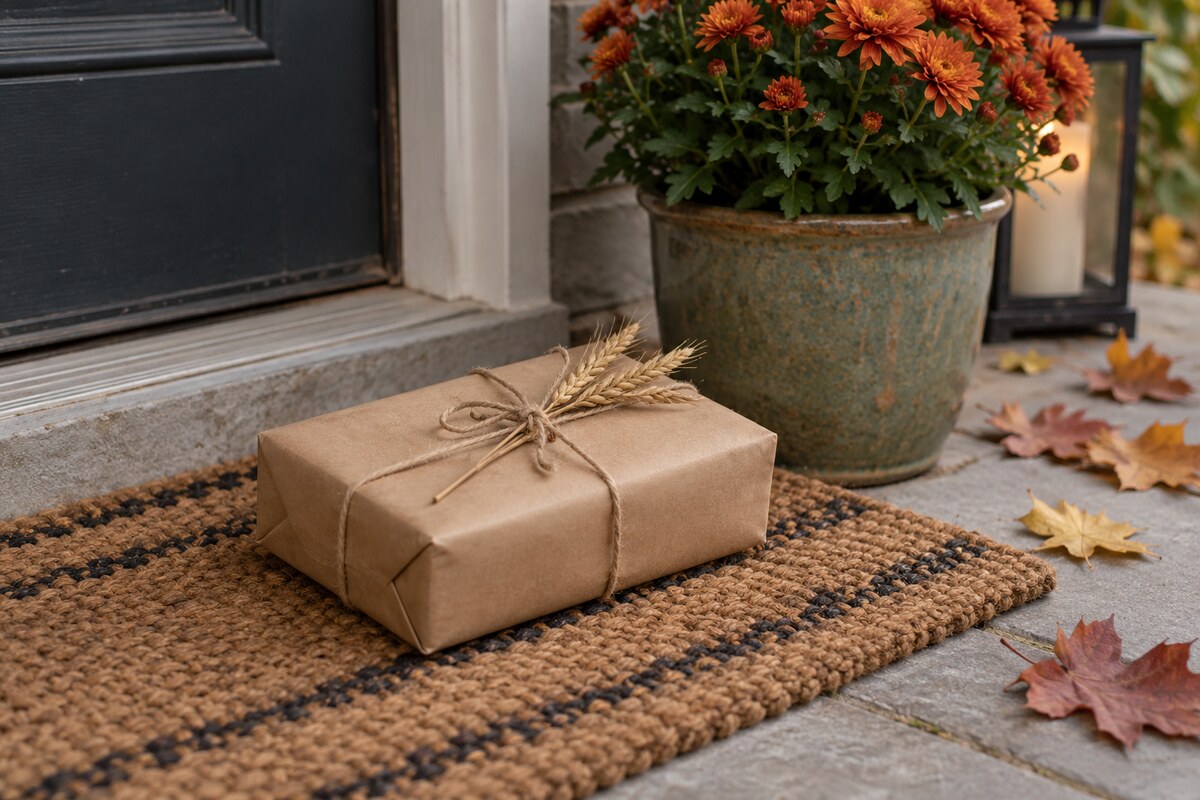 A small parcel wrapped in brown paper with twine and a sprig of dried wheat on a doorstep mat