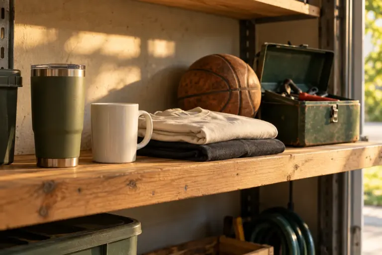 A tumbler, a mug and two folded tees on a garage shelf beside a basketball and a toolbox.