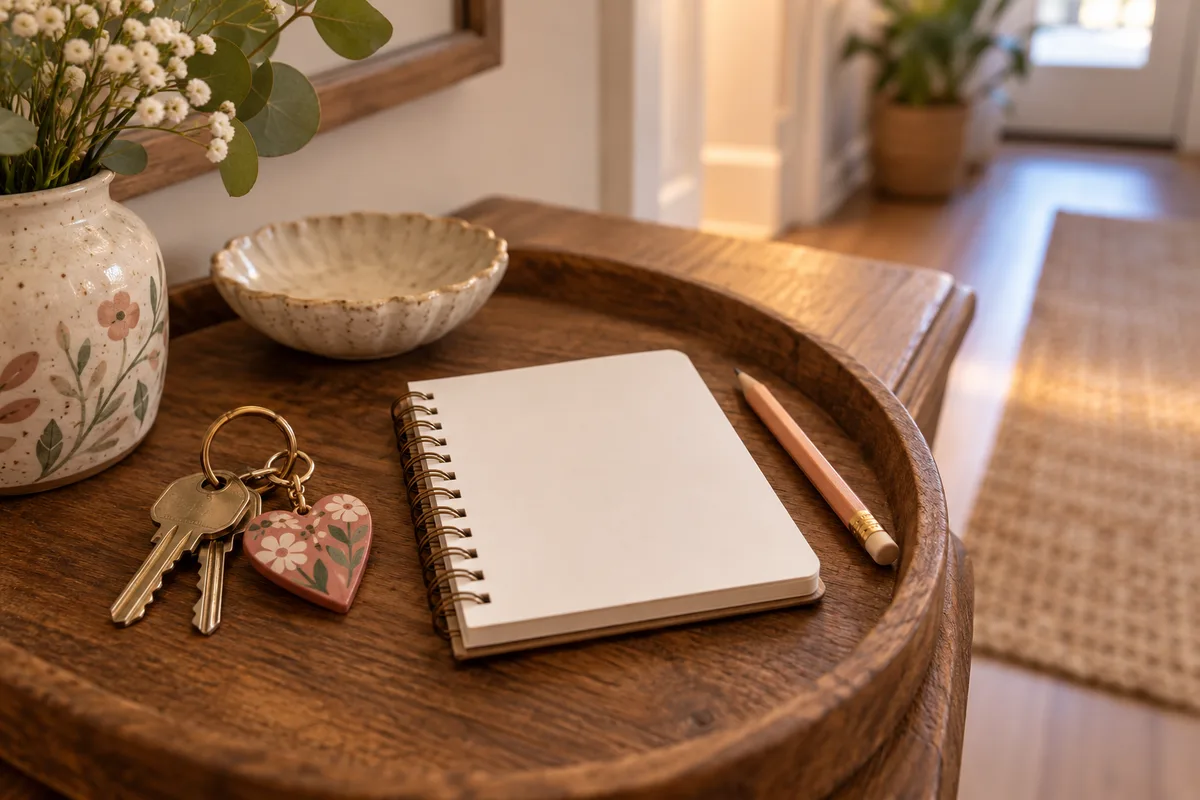 A small keychain and a pair of keys on a tray beside a blank notebook