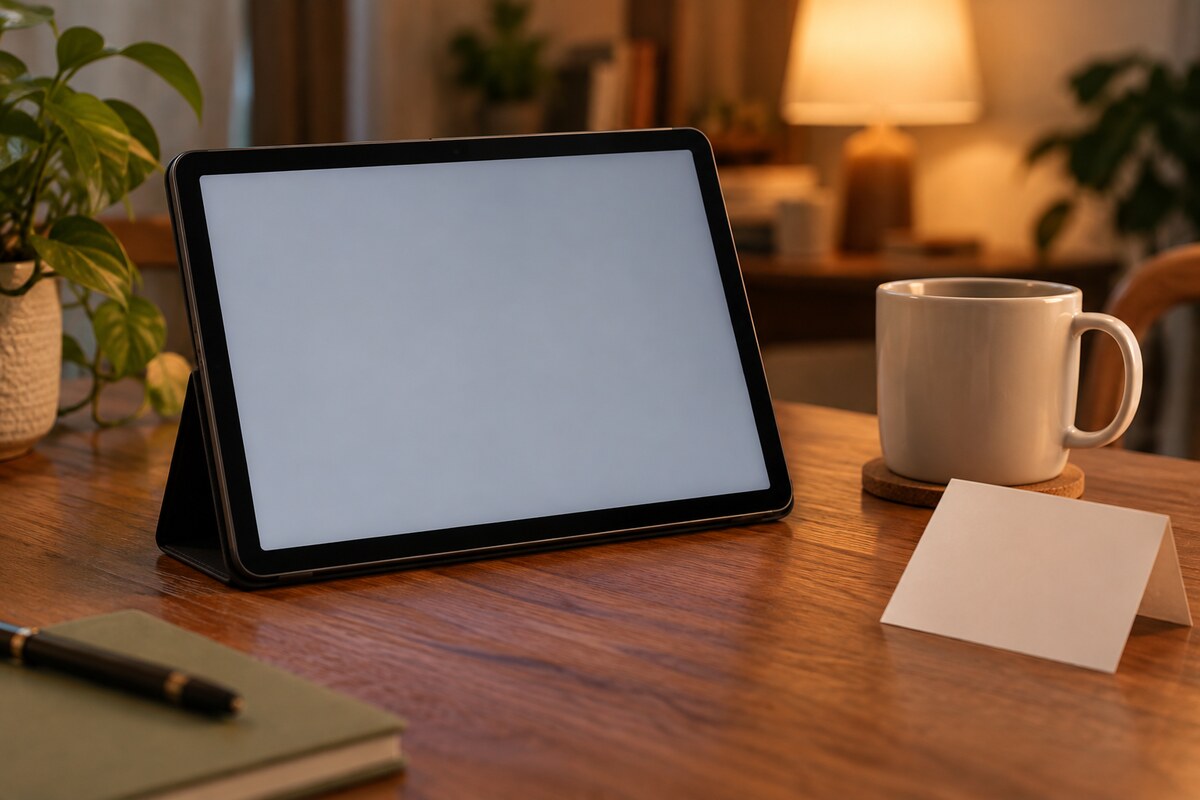 A tablet propped on a table beside a mug and a blank folded note