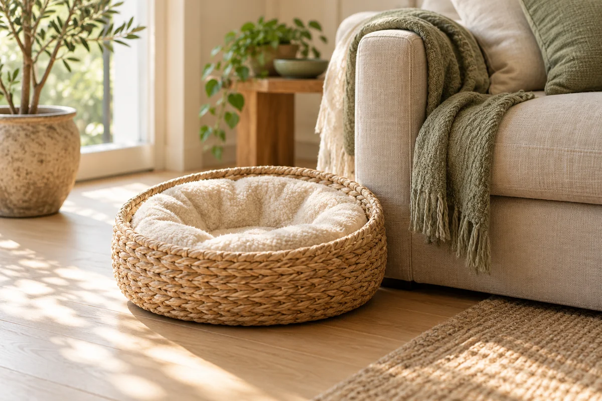 A cat bed with a soft dent in the middle beside a sunlit sofa arm.