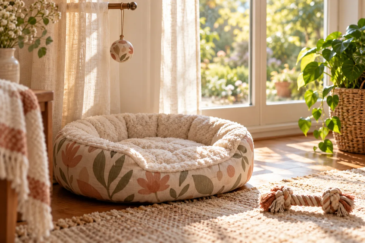 A dog bed by a window with a small ornament hanging from a curtain rod