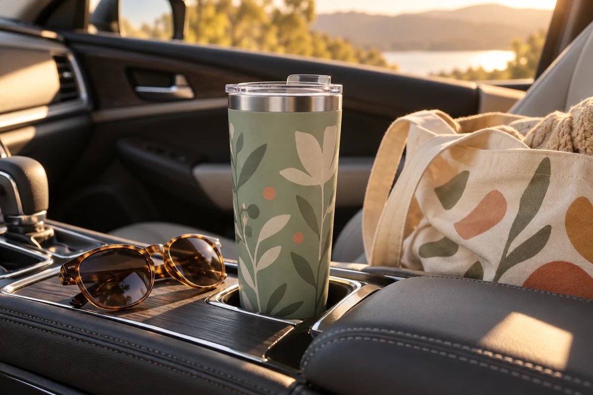 A large tumbler on a car console beside a pair of sunglasses