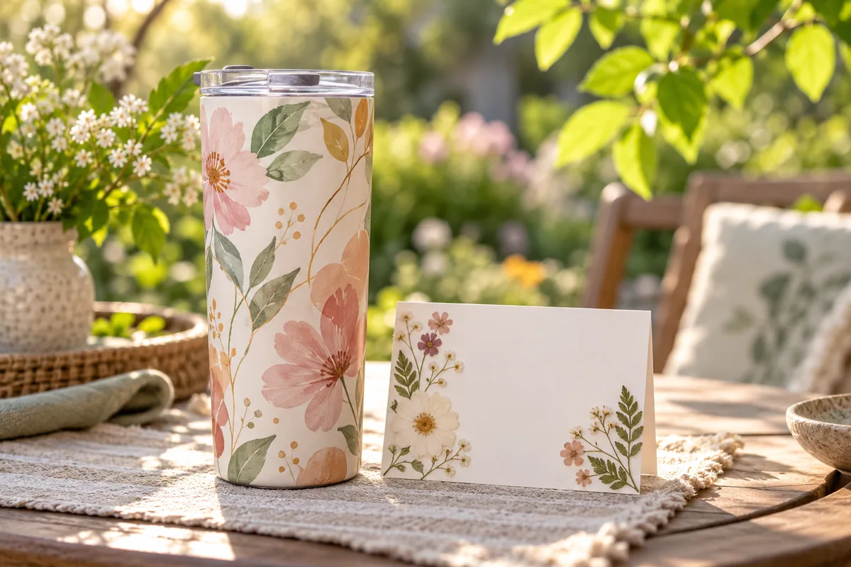 A tumbler and a small card with pressed flowers on a garden table