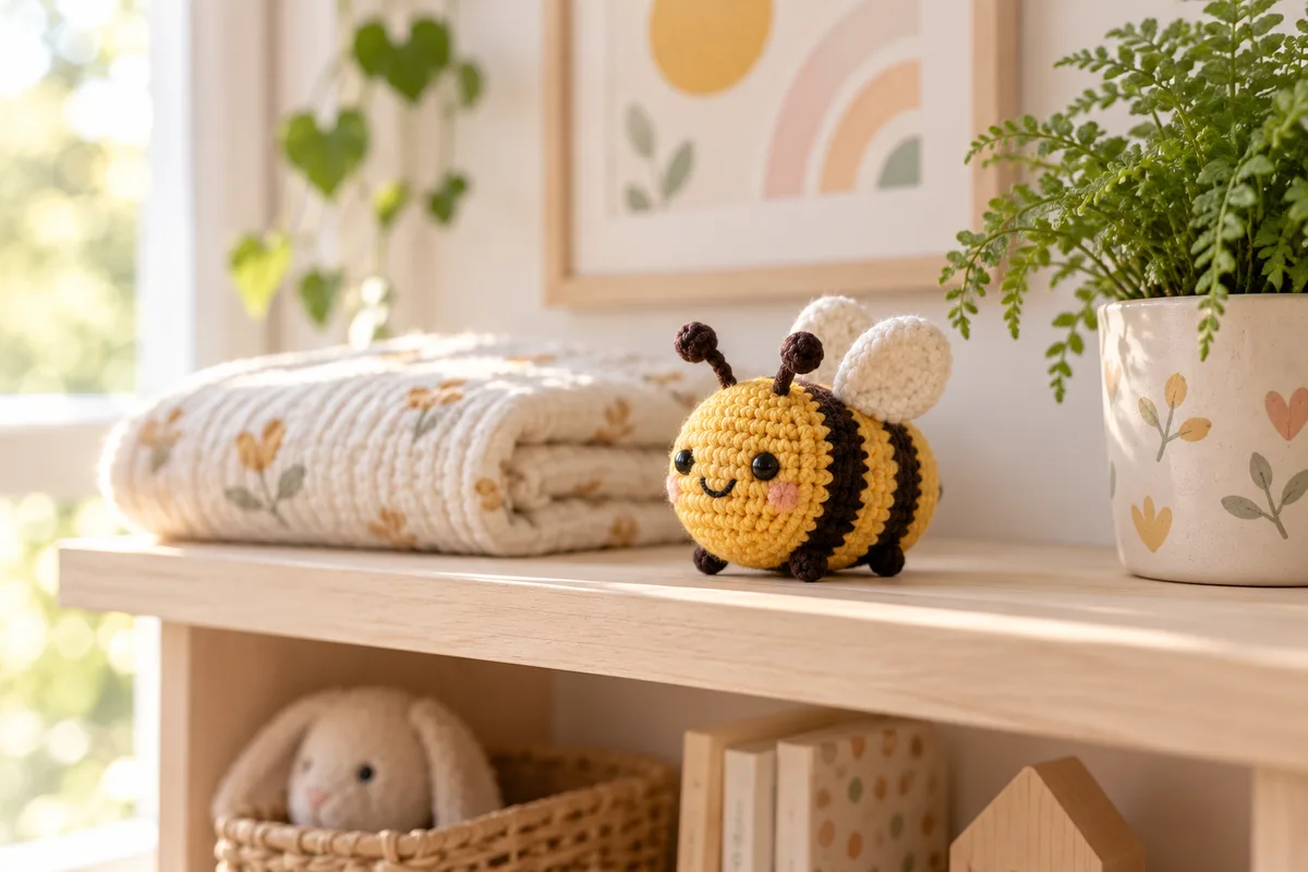 A small crocheted plush and a folded blanket on a nursery shelf