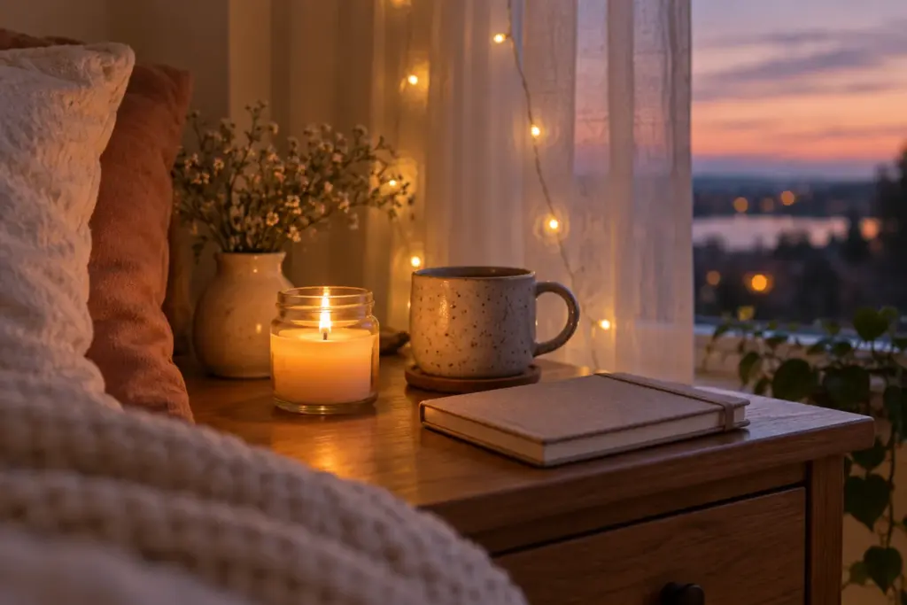 A candle, a mug and a small notebook arranged on a bedside table at dusk.