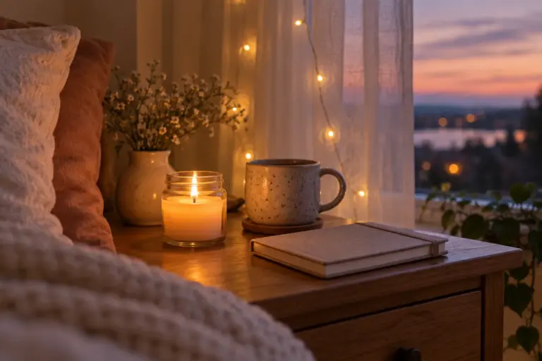 A candle, a mug and a small notebook arranged on a bedside table at dusk.