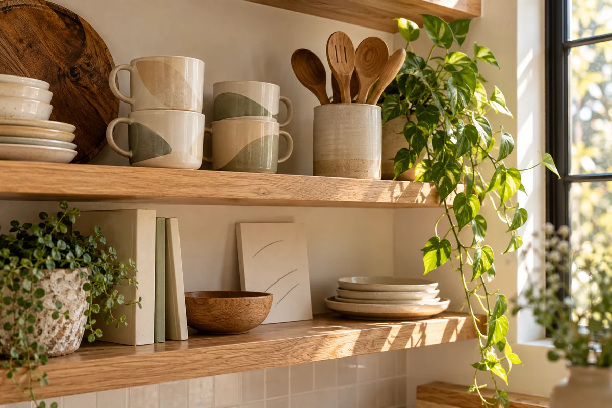 A stack of mugs on an open kitchen shelf beside a window with a plant.
