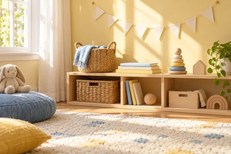 A plain toy shelf with a small basket, a stack of picture books and a paper garland.