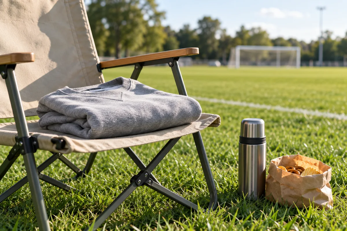 A folded sweatshirt on a folding chair beside a thermos and a small bag of snacks at a field edge.