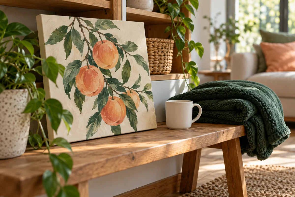A framed canvas leaning on a shelf beside a plain mug and a folded blanket.