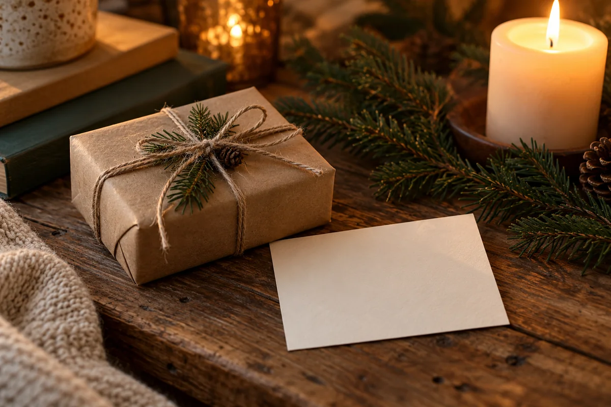 A hand-tied gift box and a blank card on a table beside a small pine sprig.