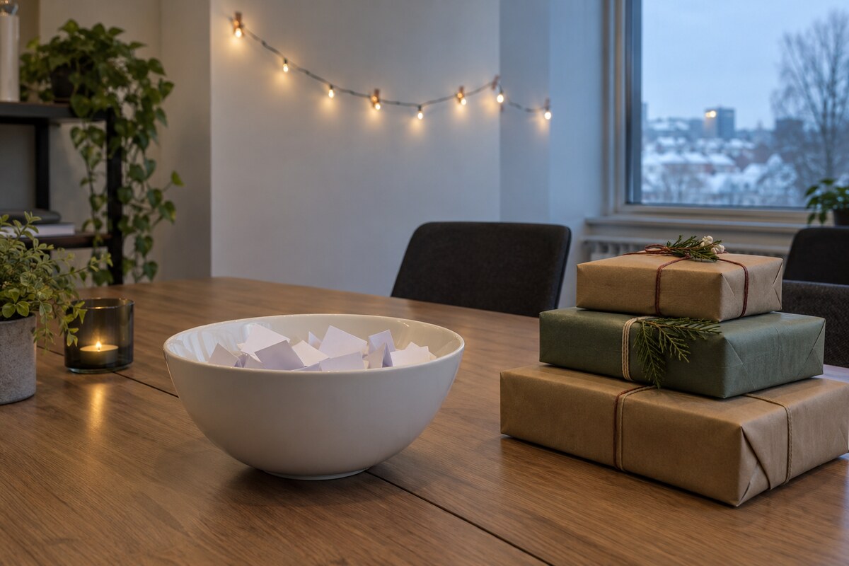 A paper bowl of folded name slips beside a small stack of wrapped gifts on an office table