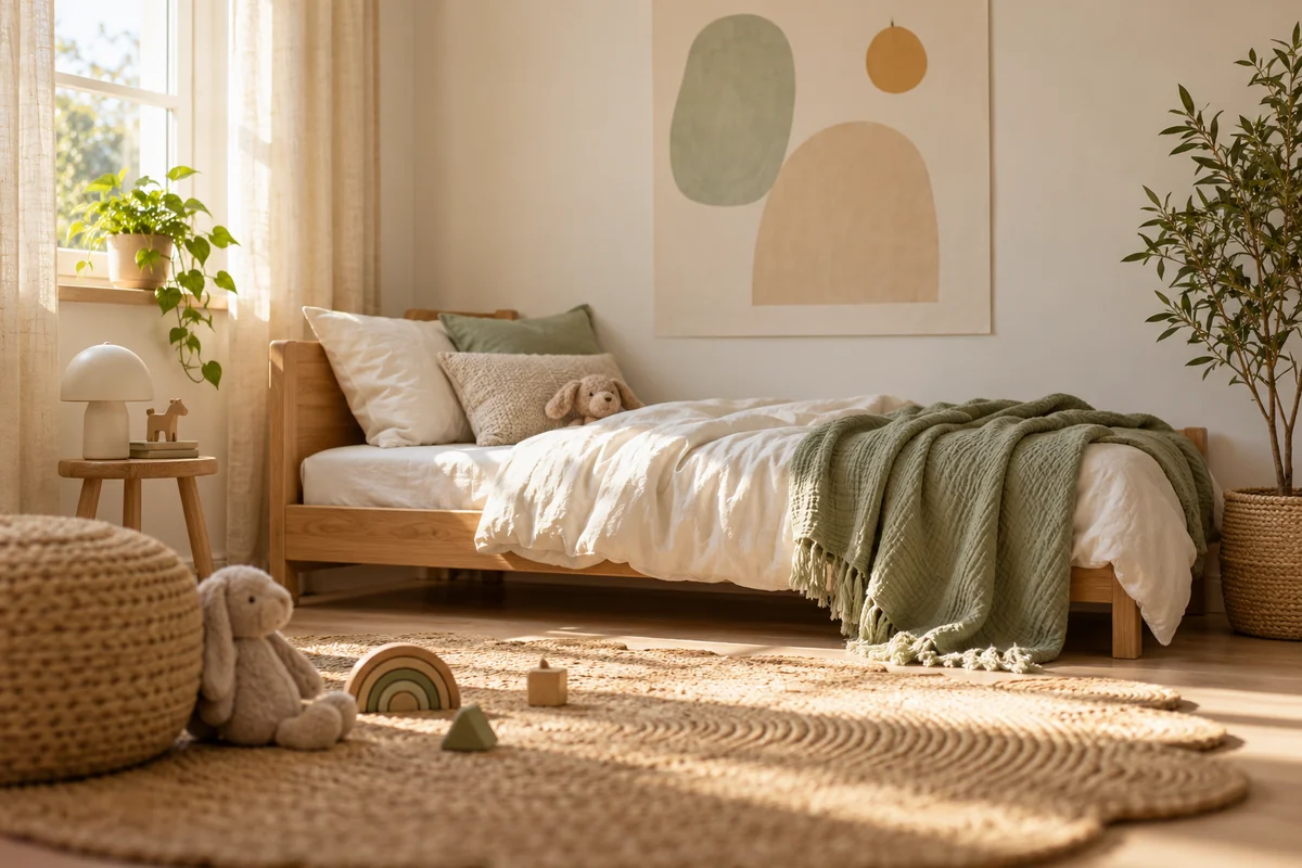 A toddler's room with a low bed, a pale wall poster and a soft rug in morning light.