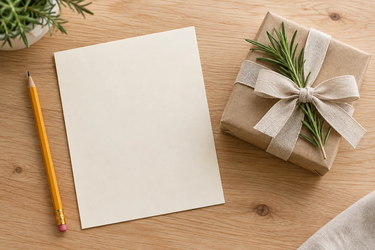 A blank card and a pencil beside a small wrapped gift on a wooden desk