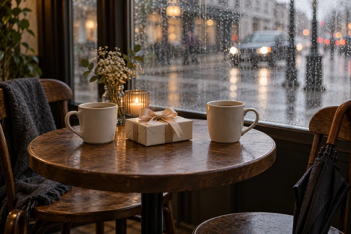 Two plain mugs on a small café table by a rainy window.
