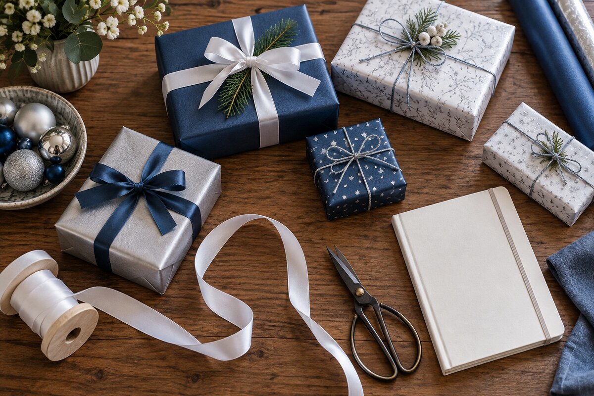 Small gifts wrapped in blue and silver paper arranged beside a spool of ribbon and scissors